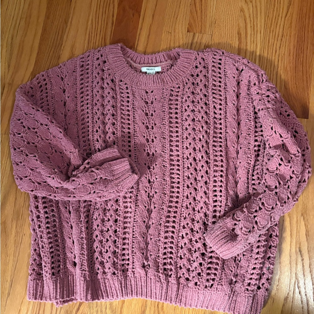 Forever 21 pink chunky knit crochet chenille like sweater.  Size M.  Like new!